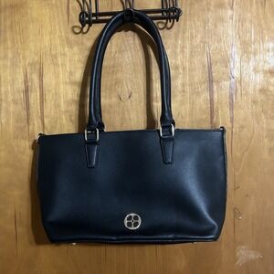 Iman Womens Black Leather Inner Pockets Travel Satchel/Top Handle Bag Gold